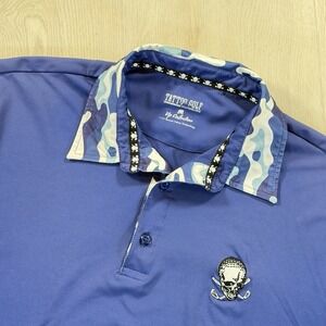 Tattoo Golf Mens Polo Shirt M Camo Skull Performance Stretch Blue